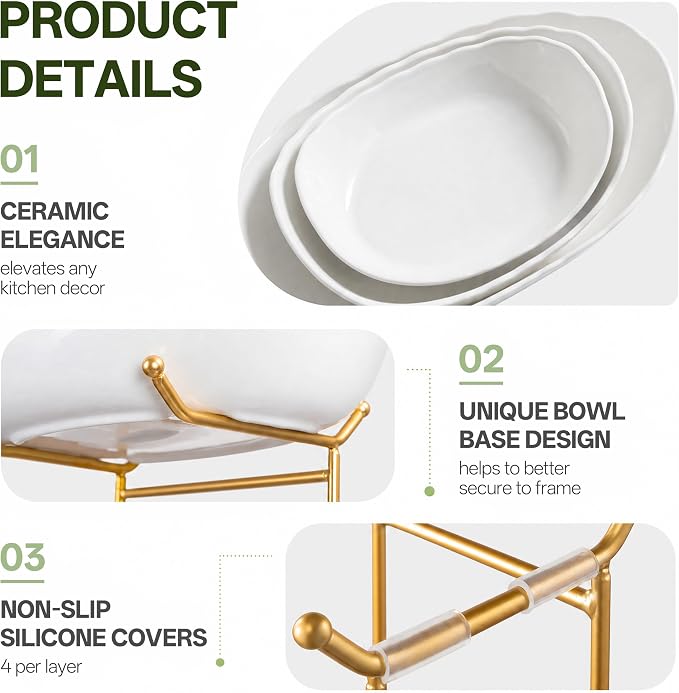 HBlife Large Tiered Fruit Bowl for Kitchen Counter - 2 Tier Ceramic Fruit Basket, Serving Trays for Party, Gold Rack