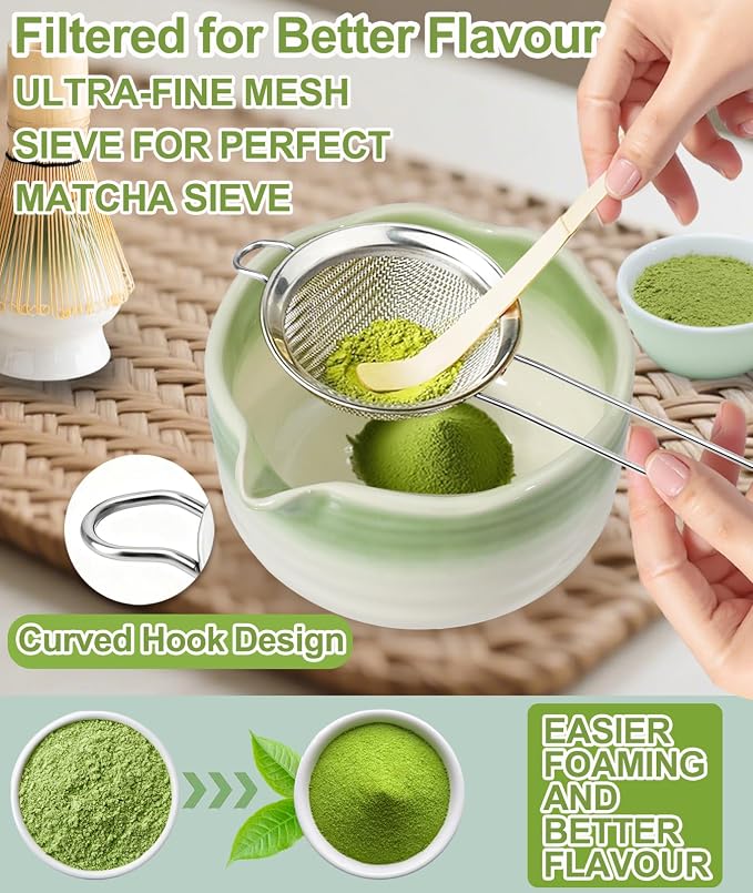JBER Matcha Set, 7PCS Matcha Whisk Set with Bamboo Whisk for Matcha Starter | Ceramic Matcha Kit Includes 17oz Bowl, Whisk (Chasen) 100 Prongs, Holder, Spoon, Sifter for Matcha Beginners, Gradient Green