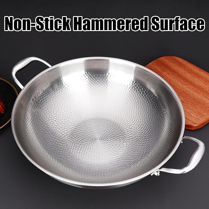12.6 Inch Titanium Hammered Wok with Double Handles, Frying Pans Nonstick, Non-Stick Wok, Scratch-Resistant Non Stick Titanium Pans for Cooking,with lid 12.6in