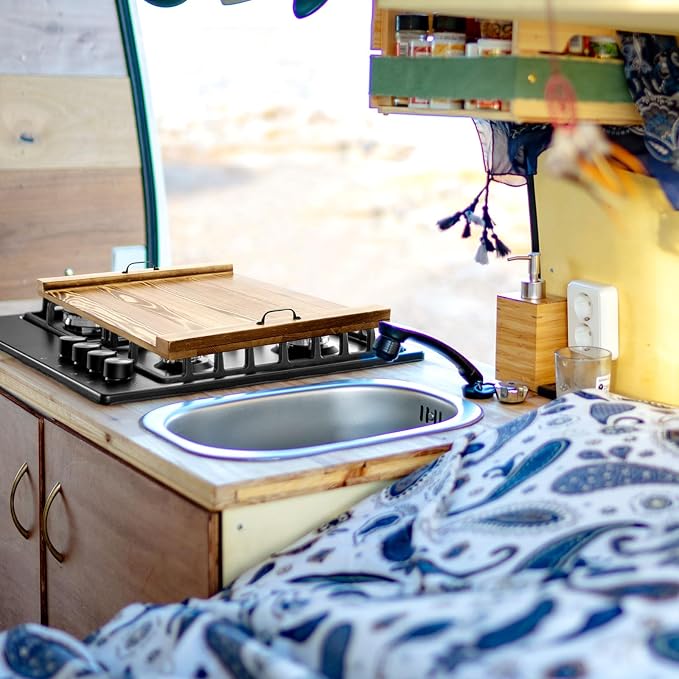 Rv Stove Top Cover Board Wood Noodle Board Camper Stove Top Cover Countertop Cutting with 5 Pcs Adjustable Non-Slip Rubber Feet Leg Juice Groove for Trailer Gas Burner Kitchen(Light Brown)