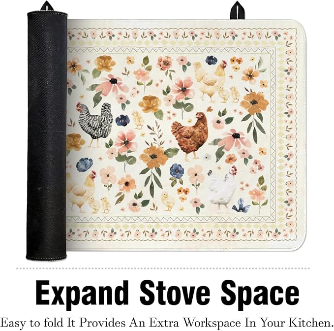 Boho Glass Stove Top Cover for Electric Stoves,Watercolor Chicken Hens Floral Farmhouse Stove Top Cover for Kitchen Decor,Heat Resistant Cooktop Protector Mat,Non-Slip Washable Dish Drying Mat 28"x20"