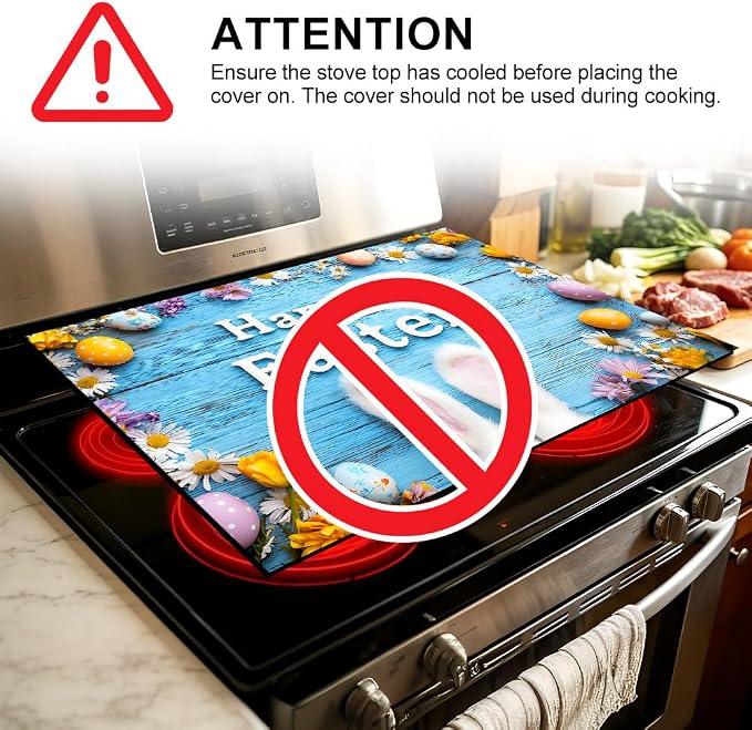 Happy Easter Bunny Ears Blue Wood Stove Top Cover for Electric Stove, Glass Cooktop Protector Mat with Anti-Slip Rubber Base, Scratch-Resistant, Expands Counter Space, Holiday Decor