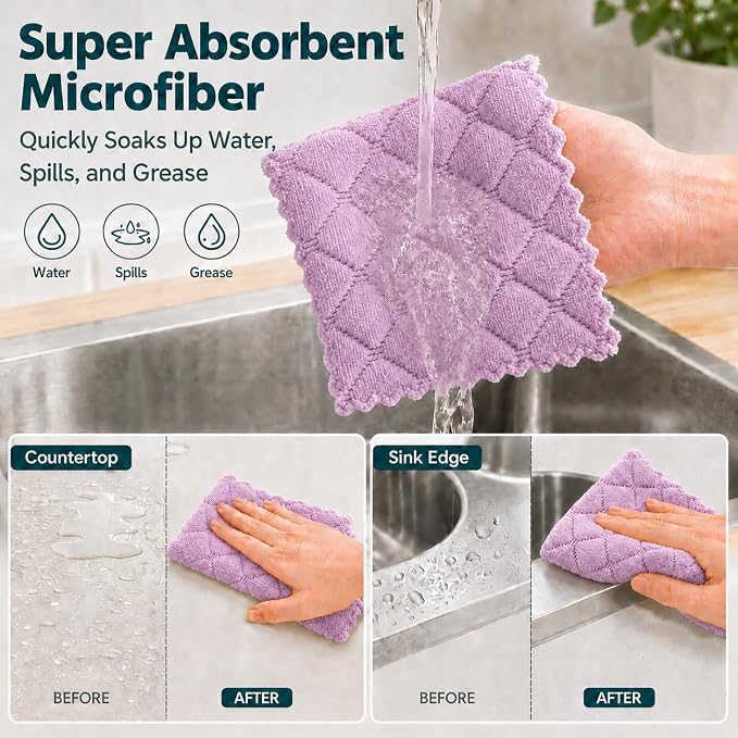 kimteny 12 Pack Dish Cloths for Washing Dishes | Super Absorbent Microfiber Kitchen Dish Rags, Fast Drying Coral Velvet Dish Cloths for Kitchen Counter and Dishes,Purple-Grey