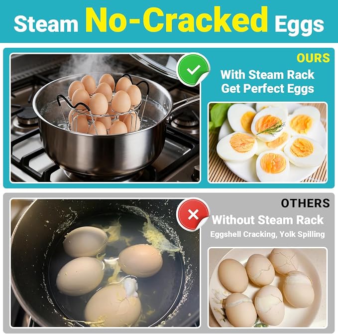 Stackable Egg Steamer Rack for Instant Pot 6Qt & 8Qt, 18 Egg Holder | Durable 304 Stainless Steel Construction, Heat-Resistant Handle, Steaming & Cooling Rack