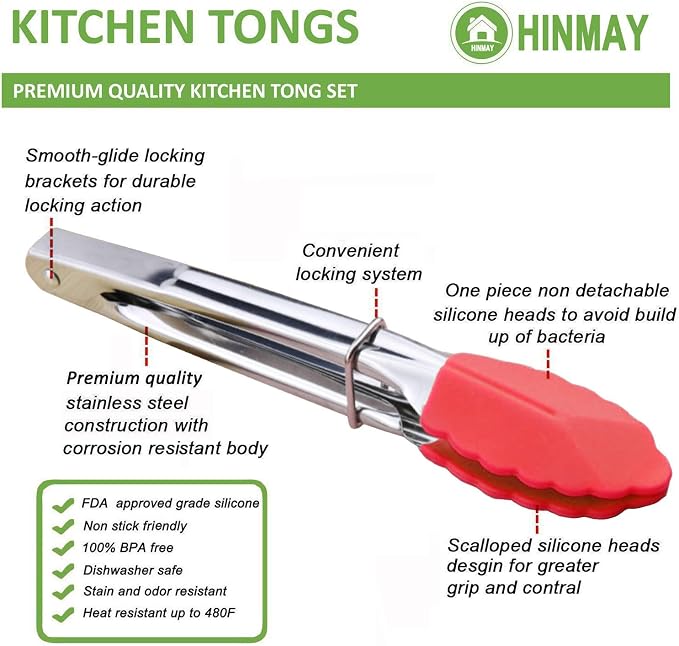 HINMAY 7-Inch Mini Tongs with Silicone Tips, Set of 3 (Green Red Blue) | 7-Inch Serving Tongs