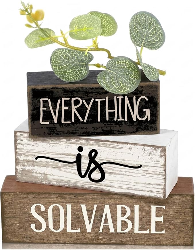 Lineshading 4 Pcs Inspirational Farmhouse Table Decor Rustic Wooden Stacked Block Signs with Inspirational Quote Artificial Eucalyptus Leaves Farmhouse Decoration for Home Office Shelf Gift