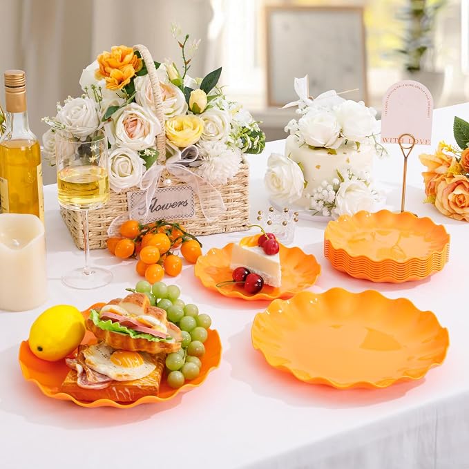 LIYH 50 Pcs Orange Scalloped Plastic Plates, Unbreakable Dishwasher Safe | BPA Free for Halloween Thanksgiving Day (25 Guests) - 10 Inch Dinner Plate and 7.5 Inch Dessert Plates