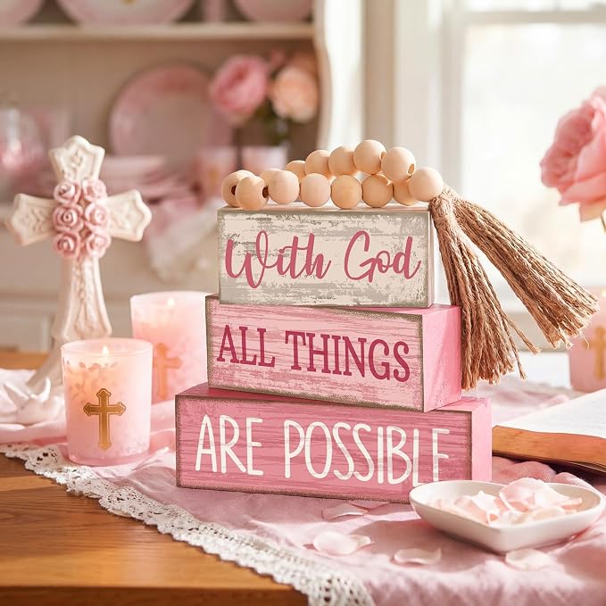 Lineshading 4 Pcs Christian Table Decor Pink God All Things are Possible | Prayer Room Shelf Decor, Christian Home Accents, Tiered Tray Books Style, Rustic Faith Quote, Tabletop Gift for Believers