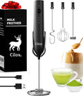 Rechargeable Milk Frother Handheld with 3-Speed & 3 Detachable Stainless Whisks with Stand, Electric Whisk Frother Wand, Mixer Wand for Coffee, Lattes, Cappuccino & Matcha