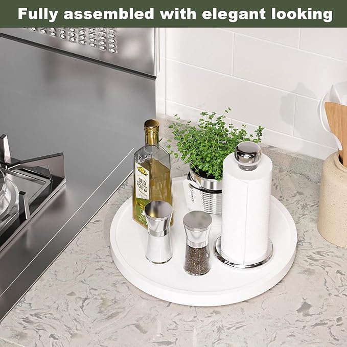 White Lazy Susan for Table, 12 Inch Non-Skid Bamboo Turntable Organizer | Salt Pepper Spices and Olive Oil Next to Stove, Wooden Lazy Susan Organizer for Kitchen Countertop Organizer
