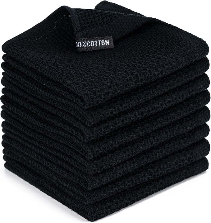 Kitchen Towels 8-Pack Kitchen Dish Cloths,100% Cotton,12x12 In,Black | Towels Waffle Weave,Ultra Soft Absorbent, Quick Drying