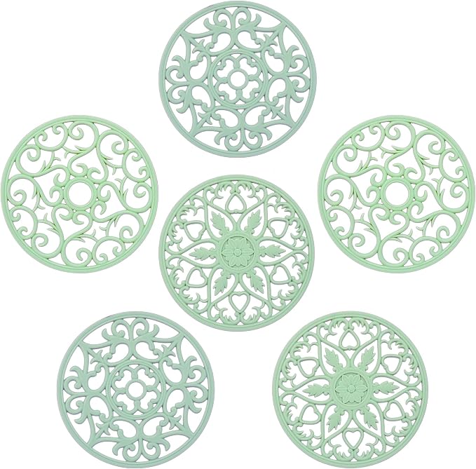 Silicone Trivets Mats for Hot Dishes, Pots and Pans, Multi Purpose Trivets Mat -Heat Resistant Silicone Trivet Intricately Carved Hot Pads Set of 6 Green