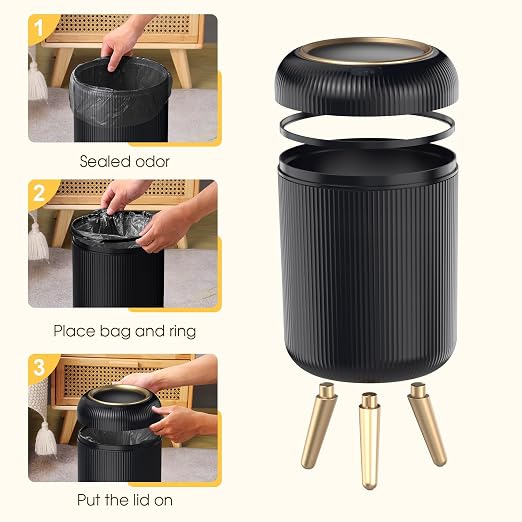 Automatic Motion Sensor Trash Can Bathroom,3 Gallon,Black and Gold | Touchless Trash Bin with Lid and Legs,Auto Diaper Garbage Can,Smalll Plastic Wastebasket for Office,Bedroom,Toilet,Kitchen