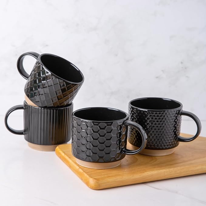 GBhome 12 OZ Stackable Coffee Mugs Set of 4, Ceramic Black Coffee Cups Set | 4 Assorted Designs, Embossed Mugs with Texture Patterns for Tea/Coffee, Dishwasher&Microwave Safe, Black
