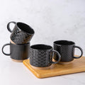GBhome 12 OZ Stackable Coffee Mugs Set of 4, Ceramic Black Coffee Cups Set | 4 Assorted Designs, Embossed Mugs with Texture Patterns for Tea/Coffee, Dishwasher&Microwave Safe, Black