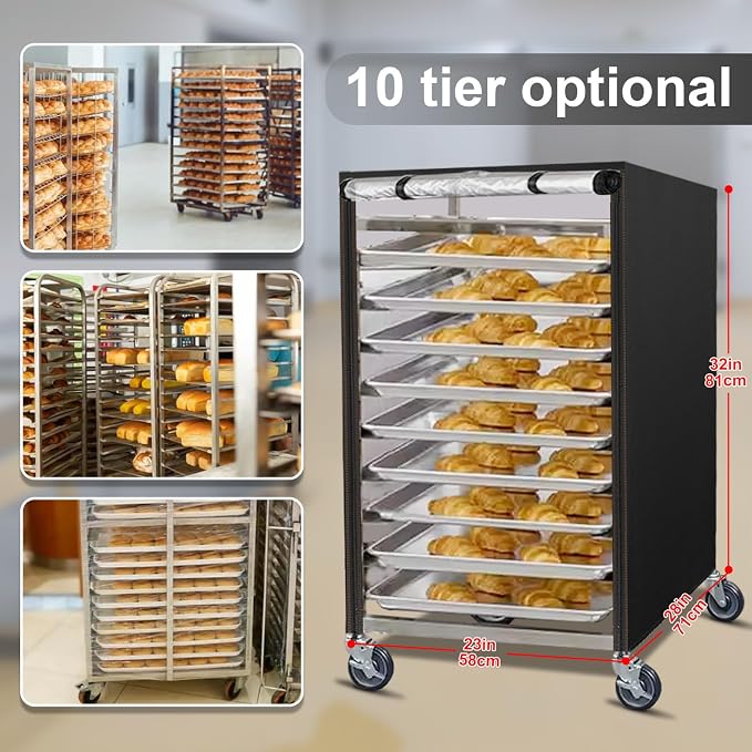 Bun Pan Sheet Rack Cover,Bread Speed Rack Cover with Zipper,Fit 20 Tier / 10 Tier Commercial Bakery Pizza Cooling Proofing with Clear Plastic Roll Top Door and Breathable Mesh Vent(10-Tier)