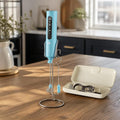 Rechargeable Milk Frother with Stand, 4 Interchangeable Whisks & Travel Case – Handheld Mixer for Lattes, Matcha, Hot Chocolate, Eggs & Protein Shakes