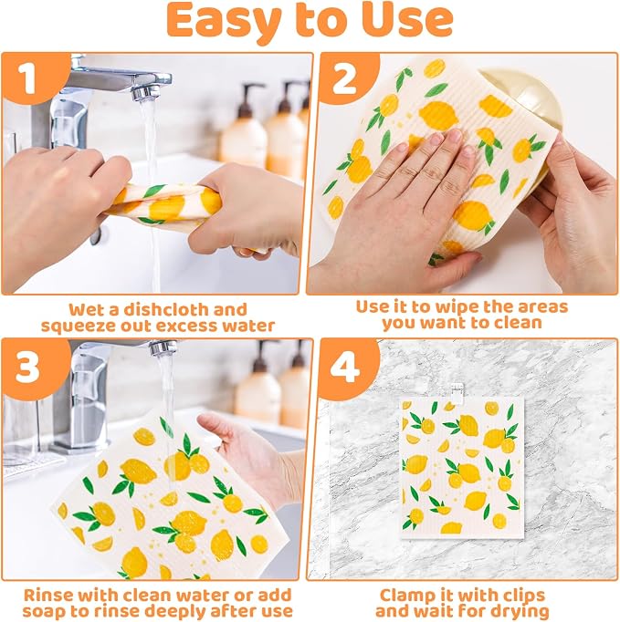 6 Pack Fruit Swedish Dishcloths for Kitchen,Swedish Rags Dish Towels | Reusable Paper Towels with Clips Washable Absorbent Cellulose Sponge Cloths for Countertop Dishes Cleaning