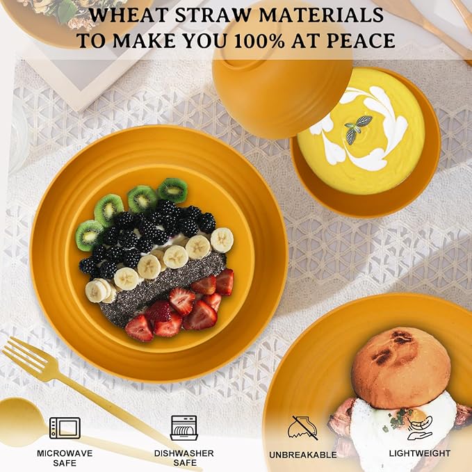 28-Piece Wheat Straw Dinnerware Sets, Microwave & Dishwasher Safe Unbreakable Dinnerware Set, Reusable Dishware Sets, Lightweight Camping Dishes, Plates, Cups, Cereal Bowls for 4(Yellow Orange)