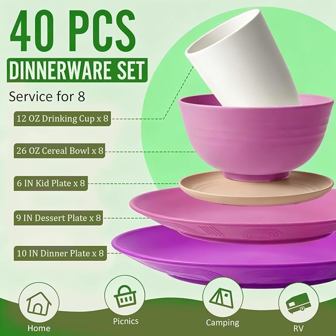 Wheat Straw Dinnerware Sets 40 PCS Bowl and Plate Sets With Cup Dishes Set for 8 Unbreakable Dish Sets Microwave Safe Plates Dinner Bowls Drinking Glasses With 4 Color - Flower Color
