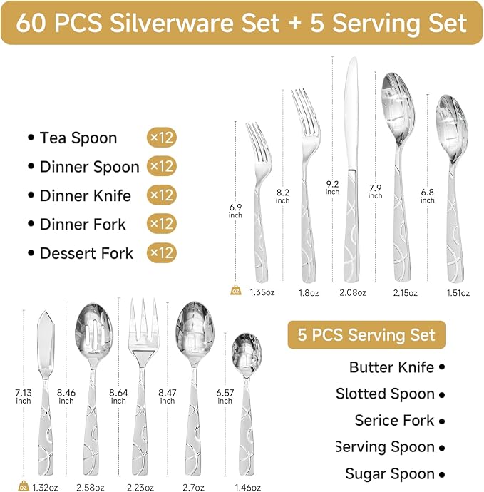 HIKAA Silverware Set, 65-piece Silverware Set with Serving Utensils Set, for Kitchen, Home, Wedding, Party, Mirror Polished and Dishwasher Safe