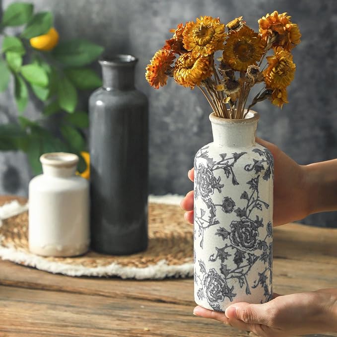 Ceramic Vintage Vase Set of 3, Vintage Flower Vases Home Decor Chinoiserie Decorative Retro Floral Vase Rustic Farmhouse Decor for Table Bookshelf Mantel Kitchen Living Room Office - Gray