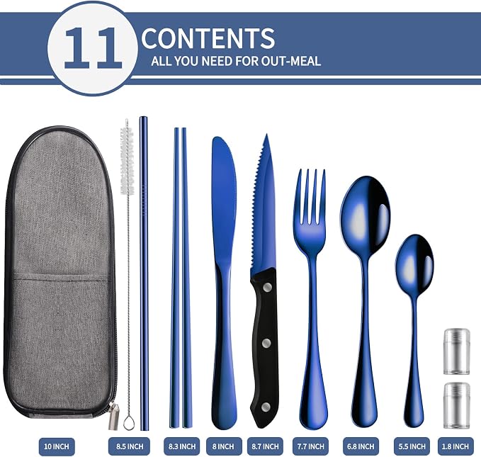 Logcow Travel Utensils Set with Case, 10-Piece Reusable Stainless Steel Camping Cutlery, Portable Fork Spoon Knife Chopsticks & Straw for Work, Lunch, Picnic (Blue)