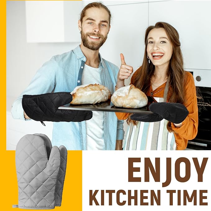 Geyoga 12 Pairs Oven Mitts Heat Resistant Kitchen Long Oven Gloves Mitts Thick Cotton Winter Quilted Baking Flexible Glove Bulk for Cooking BBQ Picnic Kitchen Grilling 10.6 Inch(Black Gray Color)