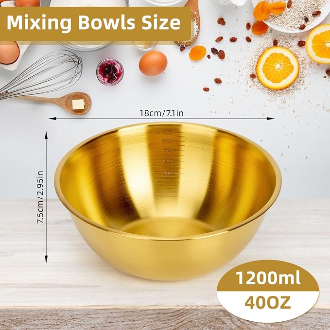3-Piece Stainless Steel Golden Mixing Bowls (7.1") Metal Bowl with Measurement Marks, Dishwasher Safe & Stackable - Perfect for Baking, Salad Making, Meal Prep and Kitchen Use