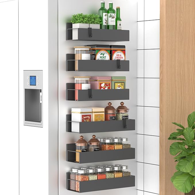 Metal Magnetic Spice Rack for Refrigerator Dark Gray, 6 Pack | Magnetic Shelves Heavy Duty for Fridge in Kitchen, Seasoning Storage Organizer, For Oven Washer and Dryer, For Heavier Items