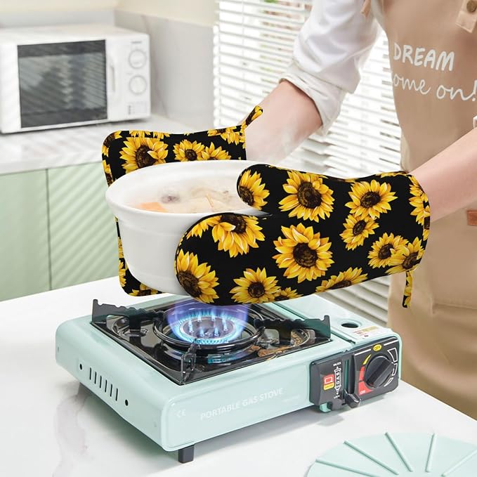 Pretty Sunflower Stylish Oven Mitts and Pot Holders Sets of 4, Heat Resistant Silicone Oven Mittens and Potholders Gloves Hot Pads for Kitchen Cooking Baking Grilling BBQ Chef