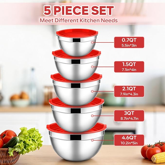 E-far Mixing Bowls with Lids Set, Stainless Steel Cooking Salad Bowls, Red | 10-Piece Metal Nesting Bowls with Airtight Lid for Kitchen Storage, Baking & Prepping, Dishwasher Safe, 0.7/1.5/2.1/3/4.6 QT