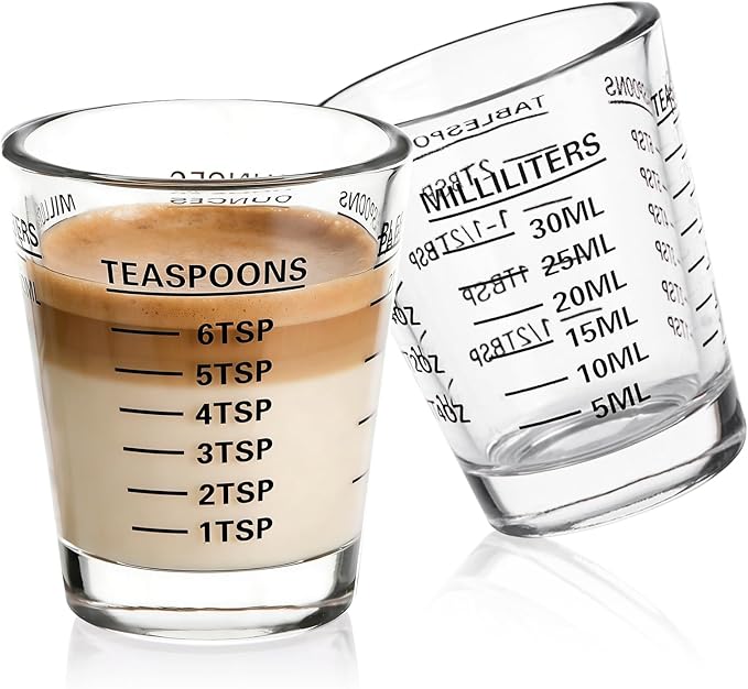 SAIAOKJ Shot Glass Measuring Cup Set, 2 Pack Espresso Shot Glasses (Black) | Glass measuring cups feature 26 markings up to 1 OZ, 2 TBS, 6 TSP, 30 ML for espresso, liquor, medicine and recipes