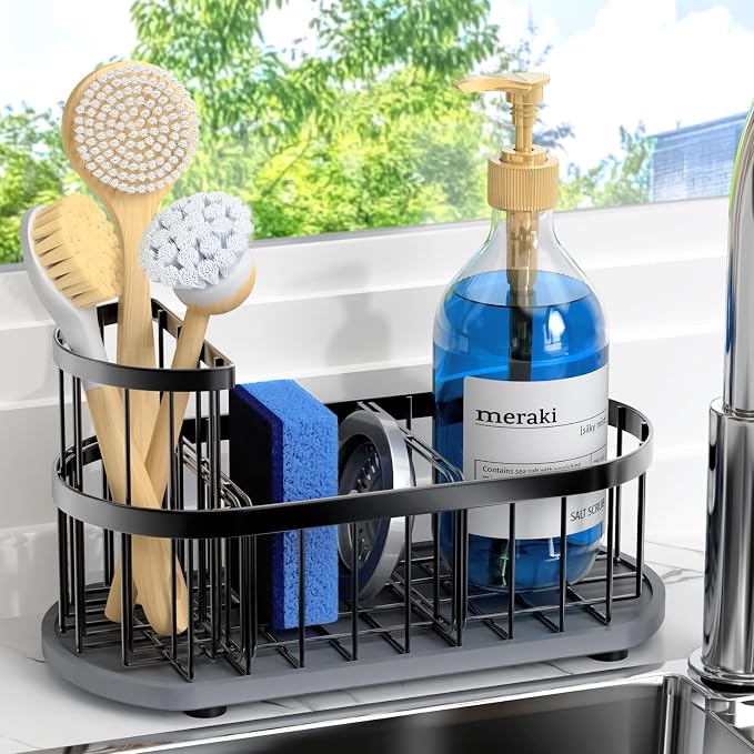 Sink Caddy Kitchen Sink Organizer, Sponge & Brush Holder, Stone Drying Mat | Space-Saving Sink Sponge Holder with Full-Size Tool Storage, Fits Most Sinks, Kitchen Sink Accessory and Countertop Organizer