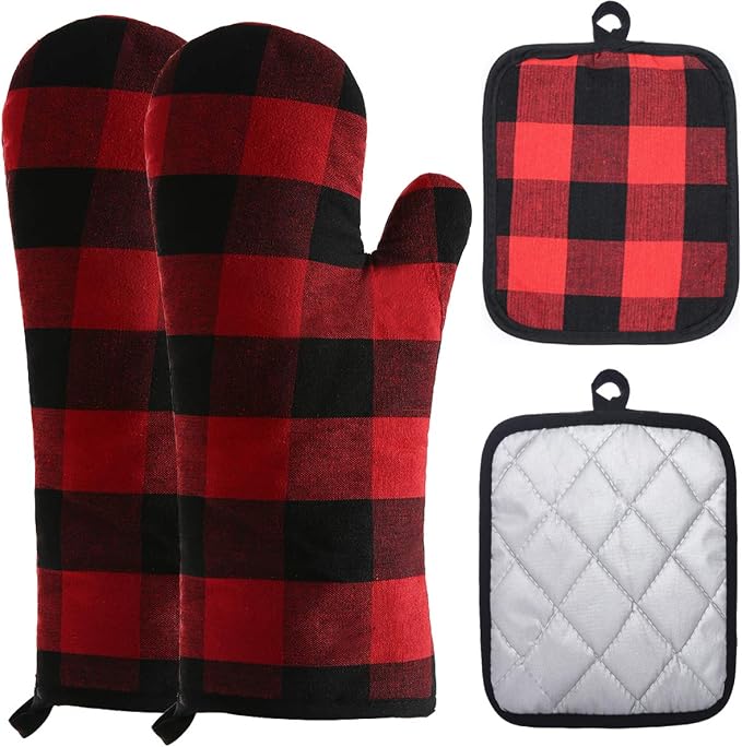 Oven Mitts and Potholders BBQ Gloves-Oven Mitts and Pot Holders with Recycled Infill Silicone Non-Slip Cooking Gloves for Cooking Baking Grilling (4-Piece Set) (Black/Red)
