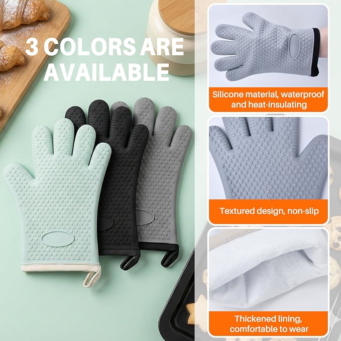 2Pack Heat Resistant Oven Mitts & Silicone Gloves with Fingers, Non-Slip Grip Food Grade Safety Mitts, Waterproof Kitchen Gloves for Cooking(Green)