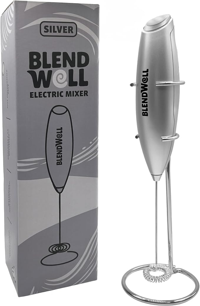 BlendWell Electric Milk Frother for Matcha and Coffee, Handheld Battery Operated Drink Mixer with Stand, Stainless Steel Whisk, Silver