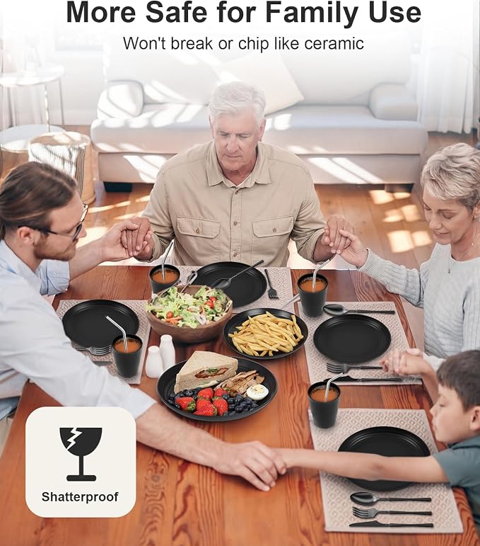 Quatish 64 Piece Plates and Bowls Sets for 8, Unbreakable Dinnerware Sets, Plastic Dish Set for Camping, Dishwasher Microwave Safe, Outdoor Kitchen and Apartment Dinning RV Essentials, Black