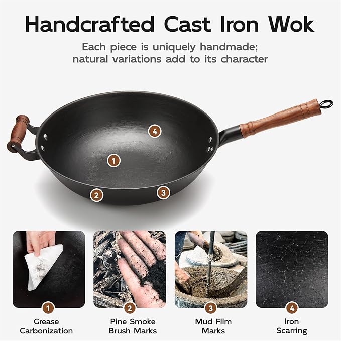 WANGYUANJI 13.4 Inch Cast Iron Wok Pan with Lid, Flat Bottom Uncoated Stir Fry Skillet, Heavy Duty Chinese Iron Pot for Family Cooking, Induction & Gas Stoves Compatible