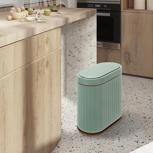 ELPHECO Bathroom Trash Can with Automatic Lid, 2 Gallon, Sage Green Gold | Motion Sensor Wastebasket, Smart Garbage Can, IPX5 Waterproof Slim Trash Bin for Office, Kitchen and Bathroom