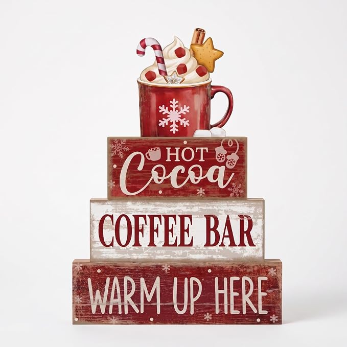 Lineshading 4 Pcs Coffee Tiered Tray Decor Wooden Farmhouse Block Signs | Stackable Rustic Wood Signs with Ghost Mug Topper, Coffee Lovers Gift for Kitchen Counter Fall Halloween Decor