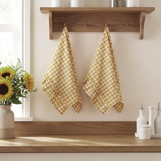 HunnmingRe 2 Pcs Yellow Pink Gingham Kitchen Towels Cotton Ruffled | Checked Dish Towels 18"x28" Tea Cloths Plaid Cottage Core Kitchen Decor for Farmhouse Charm Drying Dishes Entertaining Guests