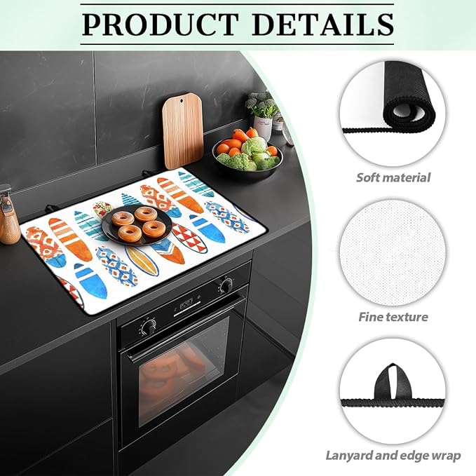 Wave Watercolor Surfboard Stove Top Covers for Electric Stove, Summer Beach Stylish Glass Stovetop Cover with Lanyard Surfboards Pattern Countertop Protector Mat for Kitchen 28 x 20 Inch
