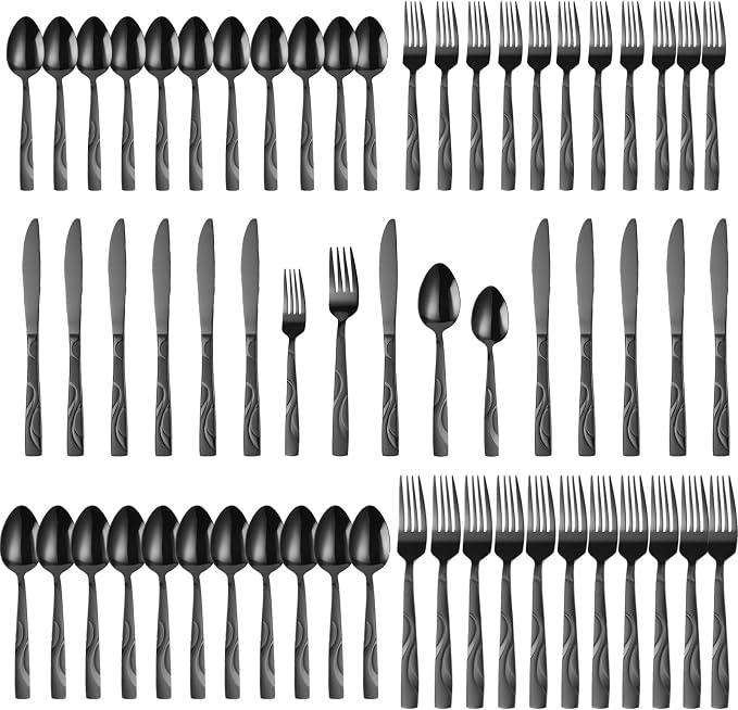 60-Piece Black Flatware Set for 12 | Grade 430 Stainless Steel Gray Silverware Set, Cutlery Set, including Fork Spoon Knife, Dishwasher Safe