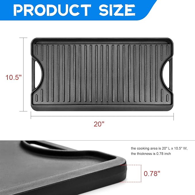 GGC Cast Iron Reversible Griddle | Double-sided Griddle Pan for Stove Tops and Gas Grills, 20"x 10.5" Flat and Ribbed Griddle Plate for Cooking