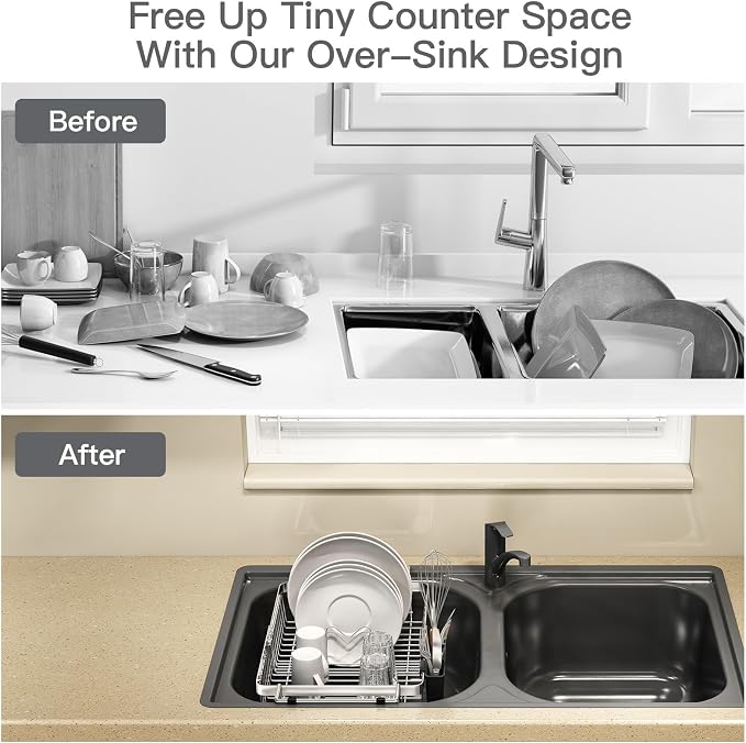 Dish Drying Rack Over The Sink with Utensil Holder | Expandable Stainless Steel Dish Drainer for Small Kitchen, Apartment, RV, Counter Space Saving, Perfect Fit, Rustproof