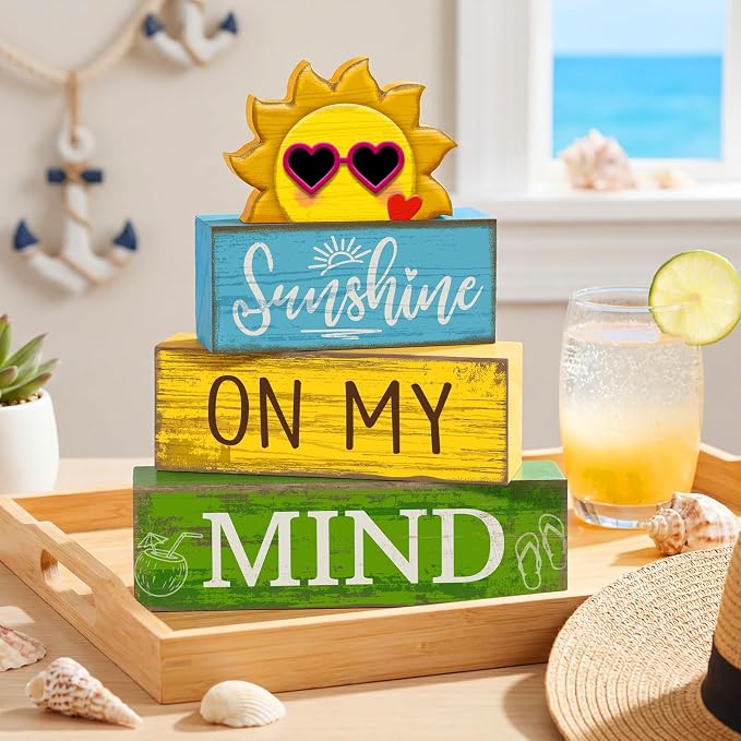 Lineshading 4 Pcs Summer Wooden Block Signs Table Decor Sunshine | Rustic Farmhouse Decorations for Tiered Tray, Shelf Displays, Seasonal Home Accents with Sun Topper, Stackable Design