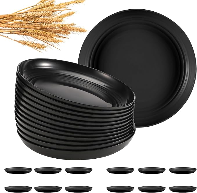 HEYCOME 12 Pcs Unbreakable Deep Dinner Plates Set, 10 inch Reusable Plastic Wheat Straw Plates, Microwave and Dishwasher Safe Plate for Kitchen, Lightweight Plate for Dessert, BPA Free, Black