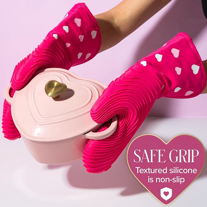 Paris Hilton Oven Mitt Set with Heart Design, Heat Resistant Pot Holders Featuring Non-Slip Textured Silicone Grips, 2-Piece Set, Pink