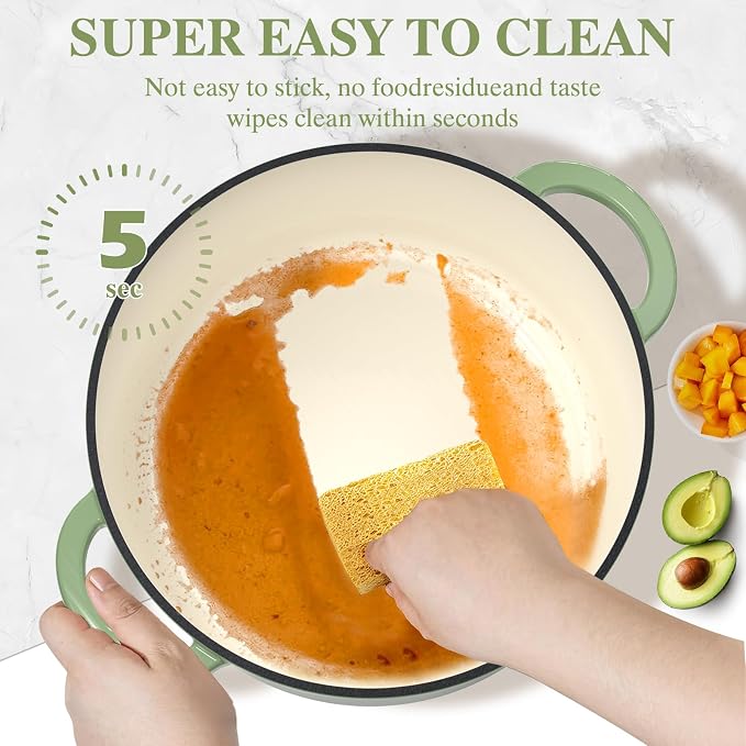Umite Chef Enameled Cast Iron Dutch Oven-7QT Pot with Lid Cookbook & Cotton, Heavy-Duty Cookware for for Bread Baking, Braising, Stews, Marinate, Cook(Sage Green)